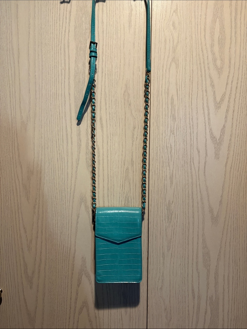 Teal Croc-Embossed Crossbody Phone Bag